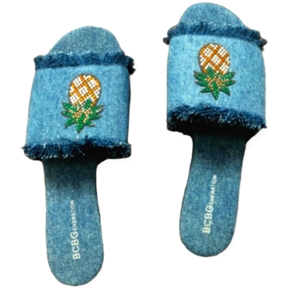BCBGeneration Gennie Rhinestone Pineapple Frayed Fringe Denim Slip-On Slide Mule - Picture 6 of 11